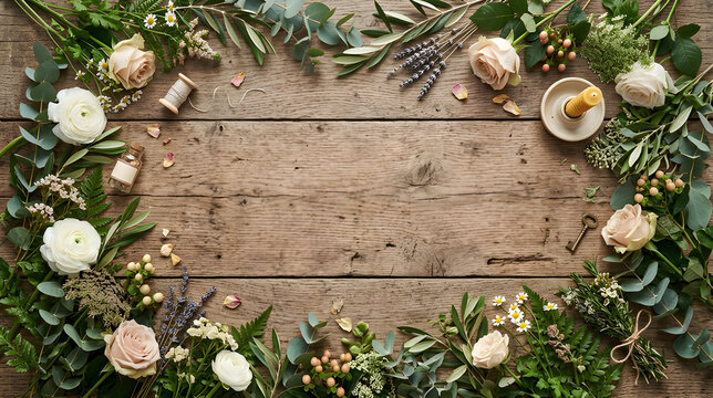Rustic wooden tabletop with flowers, greenery and decorative elements around the borders, premium realistic illustration, top view composition, spacious copy space for product display or text,