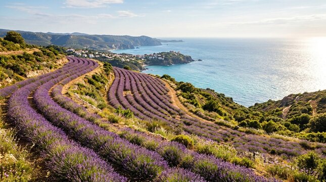 Curving rows of purple lavender bloom on terraced coastal hills above a blue sea and distant village, perfect for travel, agriculture, or summer tourism promotion.
