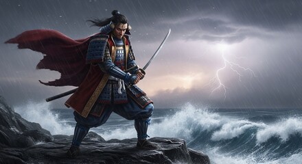 Naklejka premium Samurai warrior on stormy coastline