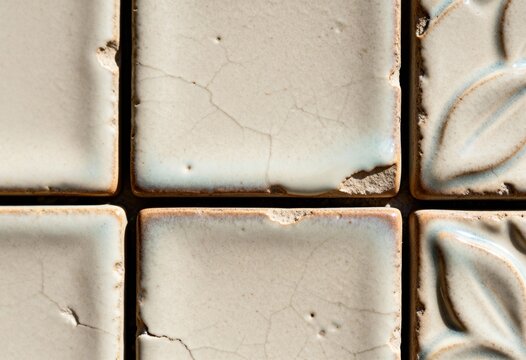 Macro shot of beige ceramic tiles with crackle glaze. Aged architectural material with chipped edges and embossed floral pattern. Neutral background for interior design