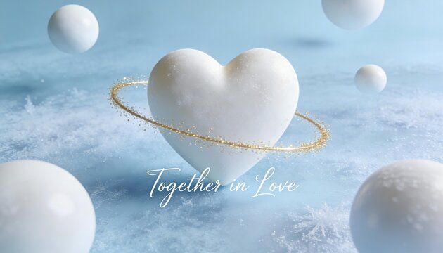 White heart with golden glitter ring on blue snowy background. Together in Love script. Romantic winter holiday greeting card concept with snowflakes and spheres