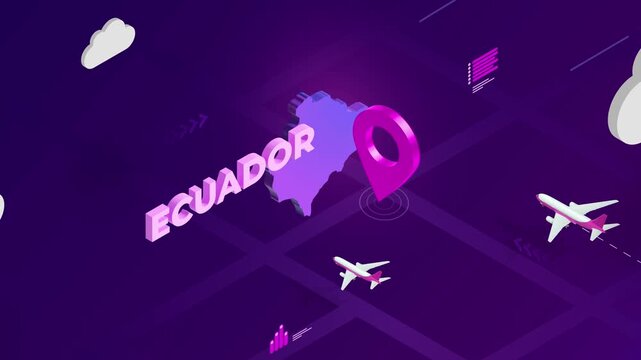Isometric Design, Ecuador Map Silhouette Location Pin and Airplanes on Purple Animation, Travel Background