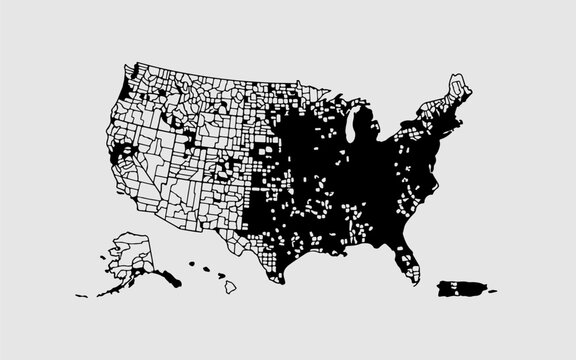 A detailed vector map of the United States showing county borders and regional shading.