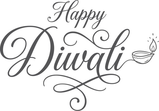 Elegant happy diwali calligraphy text design with a hand drawn diya lamp illustration for festive holiday greeting cards