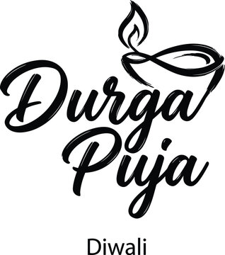 Black and white calligraphy design for durga puja festival with a traditional oil lamp illustration