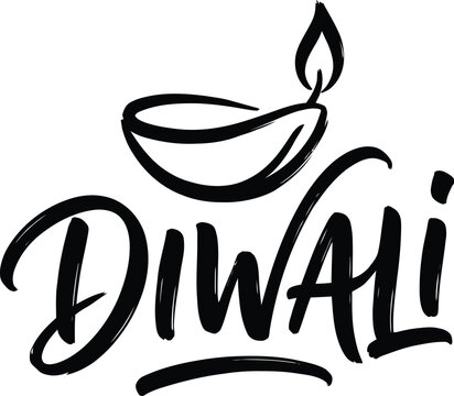 Hand drawn brush lettering design for diwali festival with a simple oil lamp illustration on white background