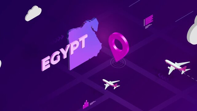 Isometric Design, Egypt Map Silhouette Location Pin and Airplanes on Purple Animation, Travel Background
