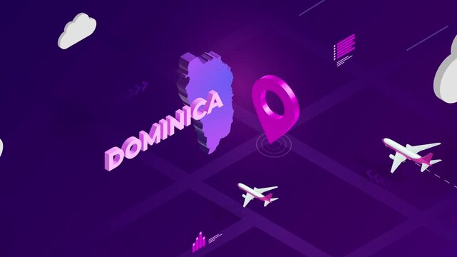 Isometric Design, Dominica Map Silhouette Location Pin and Airplanes on Purple Animation, Travel Background