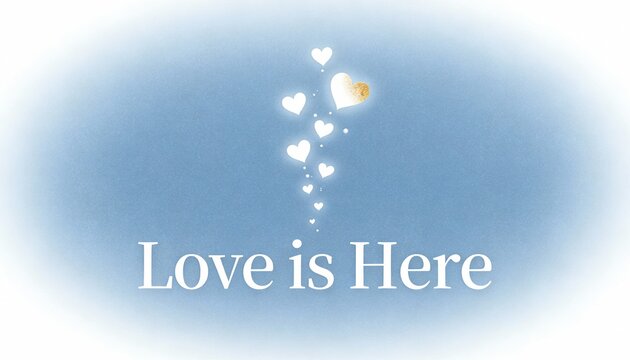 Love is Here text with floating hearts on blue background. Romantic Valentine's Day greeting card design. Abstract background with gold glitter heart and copy space