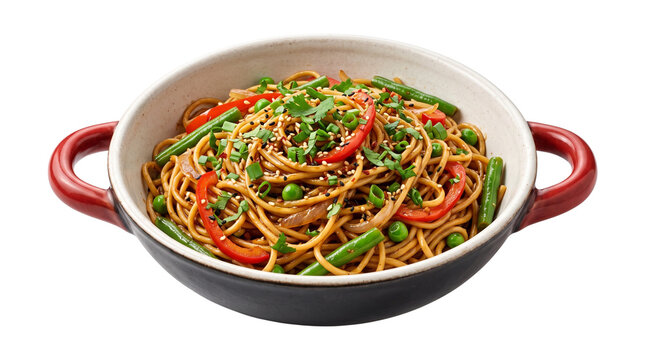 Stir fried noodles with green beans, red bell pepper, and peas in a rustic bowl in studio setting.