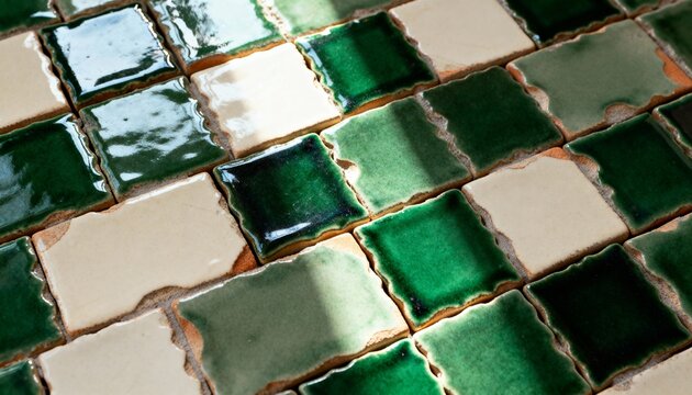 Close-up of green and cream glazed ceramic tiles. Handmade square tiles with glossy finish. Artisanal wall or floor pattern for home renovation. Interior design background