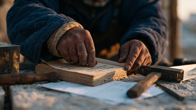 A gutter installer's calloused hands under golden hour light pry open a worker-owned cooperative handbook beside a freshly snapped aluminium gutter joint, the close crop of tools