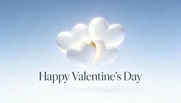 Happy Valentine's Day greeting with white 3D hearts and gold glitter. Minimalist romantic background with blue gradient. Elegant holiday banner for social media or card design