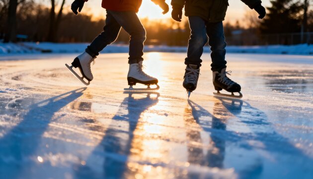 Close up of people ice skating on a frozen pond at sunset. Winter outdoor recreation during golden hour. Friends skating on a lake with long shadows on the ice