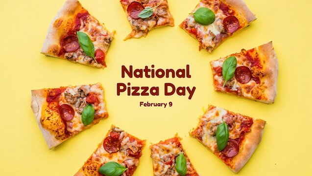 National Pizza Day February 9. Slices of pepperoni and sausage pizza arranged in a circle on a yellow background. Flat lay composition for food celebration poster or social media banner