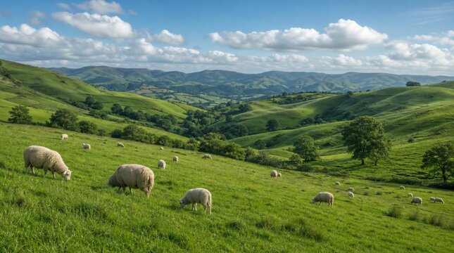 Sheep graze across rolling green hills under a blue sky with scattered clouds, suitable for rural tourism, farming, sustainability, and countryside campaigns.