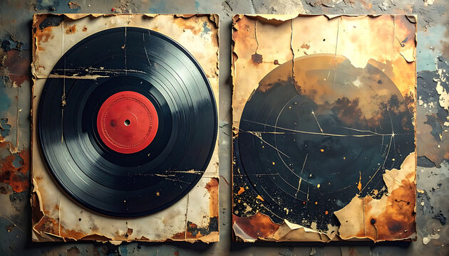 vintage vinyl record albums, retro music media, old paper sleeves, pixelated detail, nostalgic, analogue sound