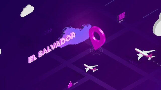 Isometric Design, El Salvador Map Silhouette Location Pin and Airplanes on Purple Animation, Travel Background