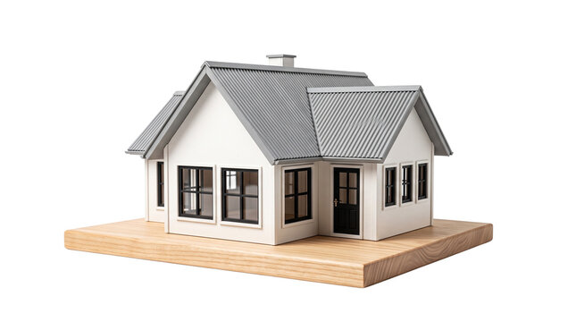 Modern small house model on wooden base isolated on transparent background for architectural planning and real estate marketing.