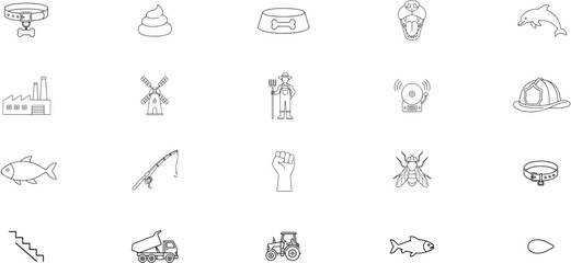 Fototapeta premium Comprehensive 20-Piece Hand-Drawn Vector Icon Set Featuring Diverse Industrial, Agricultural, Pet Care, Aquatic, and Social Symbols in a Clean Minimalist Outline Style for Professional Graphic Design
