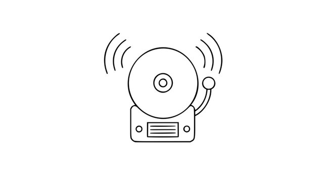 Minimalist line art fire alarm bell icon with sound waves, hand-drawn vector illustration in outline style, perfect for safety signage, emergency systems, and fire protection design projects.