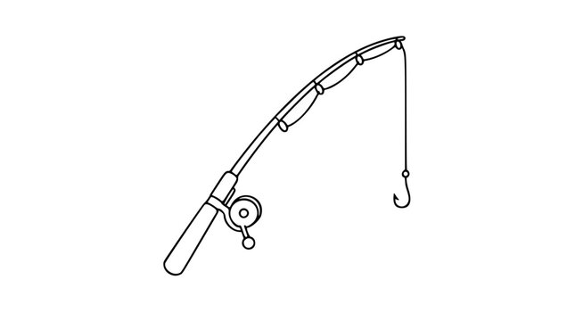 Minimalist vector icon of fishing rod with reel and hook in clean line art style. Hand-drawn outdoor sports equipment outline perfect for fishing apps, outdoor recreation. Scalable illustration.