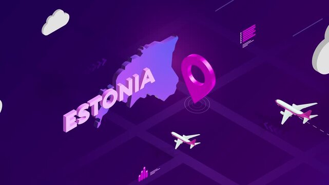 Isometric Design, Estonia Map Silhouette Location Pin and Airplanes on Purple Animation, Travel Background