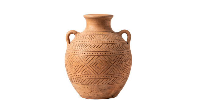 Terracotta clay amphora vase with handles and geometric etched tribal patterns isolated on transparent background.