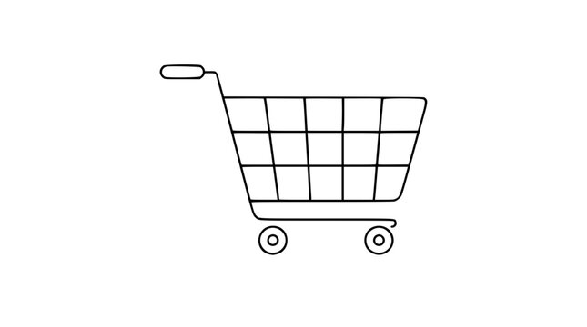 Minimalist Line Art Shopping Trolley Vector Icon. Hand-drawn outline style trolley with wheels for retail, supermarket, grocery store, e-commerce. Clean scalable illustration design.