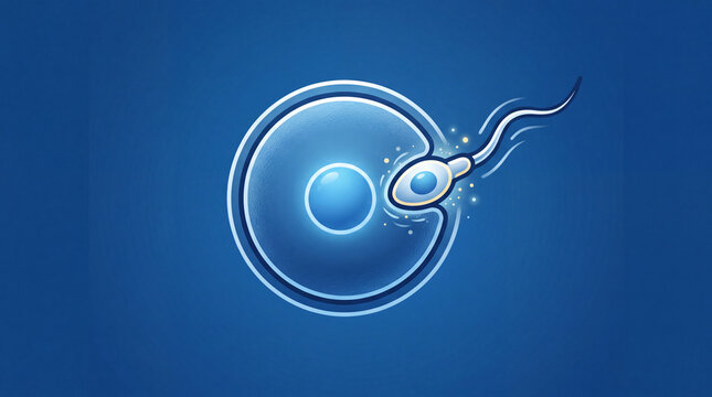 Minimalistic fertility vector illustration showing sperm entering an egg cell, IVF, conception, reproductive biology and healthcare symbol isolated on white background