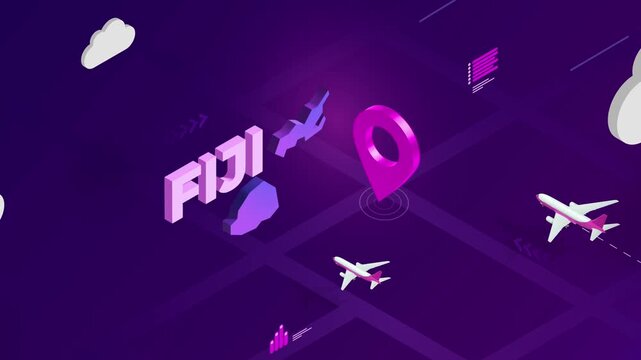 Isometric Design, Fiji Map Silhouette Location Pin and Airplanes on Purple Animation, Travel Background