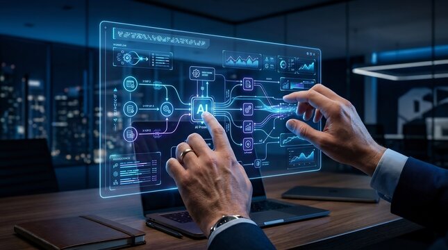 Close-up of hands interacting with a holographic artificial intelligence data interface and digital flowchart in a modern dark office