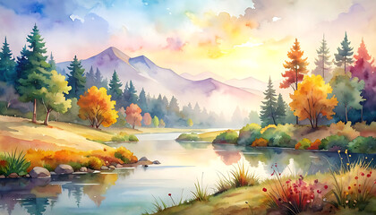 Watercolor landscape painting of a serene autumn forest with a calm lake reflecting colorful trees and distant misty mountains at sunrise, peaceful nature scene © taa