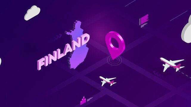 Isometric Design, Finland Map Silhouette Location Pin and Airplanes on Purple Animation, Travel Background