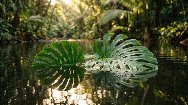 Large split monstera leaves float on calm water in a lush tropical rainforest, suited for eco travel, spa, botanical, and nature conservation campaigns.