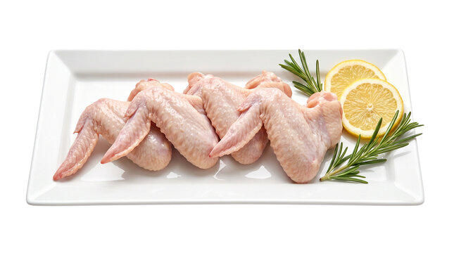 Fresh raw chicken wings on white rectangular ceramic plate with lemon slices and rosemary sprigs isolated on transparent background.