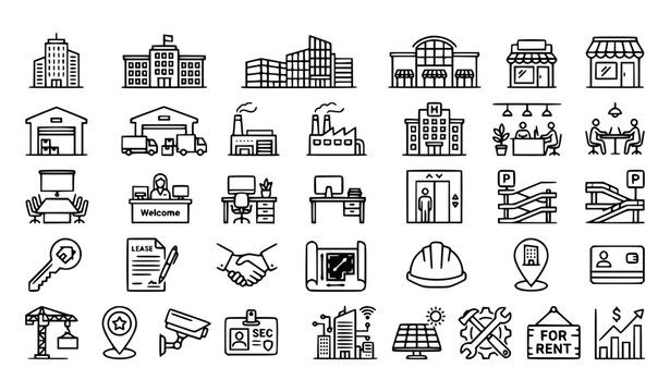 Commercial Property Outline Icon Collection with Office Building Business Lease and Investment Editable Vector