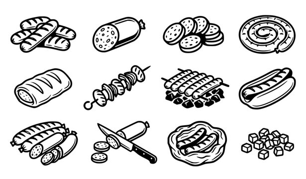 Sausage bratwurst and meat products vector icon set black and white line art isolated on white background