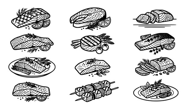 Salmon steak and grilled fish fillet vector icon set black and white line art isolated on white background