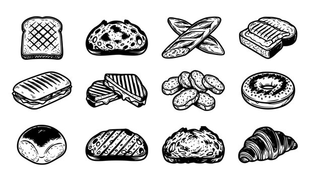 Bakery bread and morning pastry vector icon set black and white engraved line art isolated on white background
