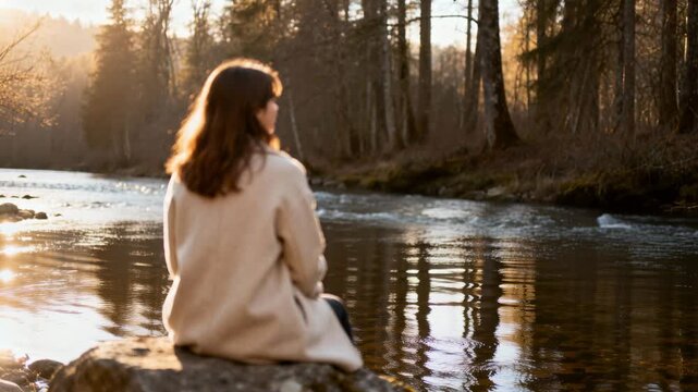 Woman sitting on a rock by a flowing river. Back view of a person in a beige coat looking at a sunlit forest. Golden hour lighting in nature. Solitude and mindfulness concept