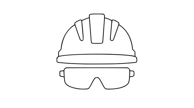 Professional safety equipment vector icon illustration, featuring a clean line art design of a construction hard hat and protective glasses, ideal for industrial, workplace, and safety concepts.