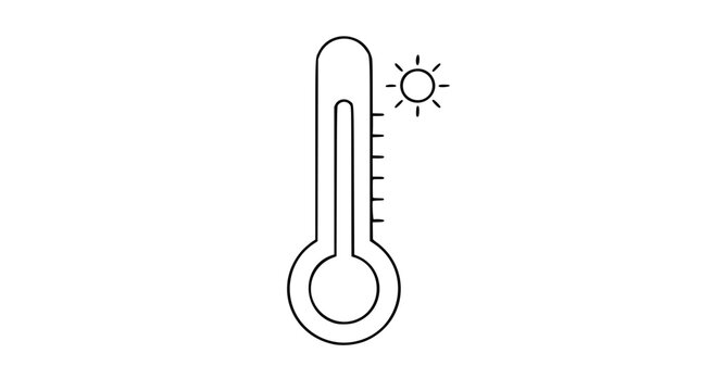 High temperature thermometer vector icon illustration, minimalist outline design featuring a sun symbol for heat and weather concepts, clean black line art on a white background, scalable graphic.
