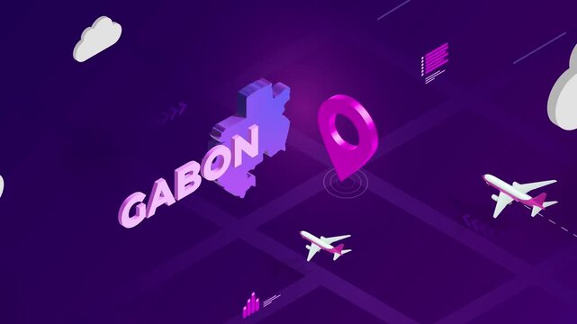 Isometric Design, Gabon Map Silhouette Location Pin and Airplanes on Purple Animation, Travel Background