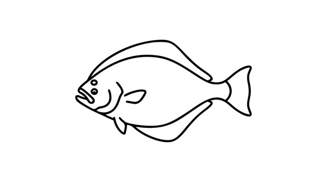 Minimalist Line Art Halibut Fish Icon Vector Illustration. Hand-drawn outline style marine animal seafood for restaurant menu, culinary branding, fishing industry and aquatic life design projects.