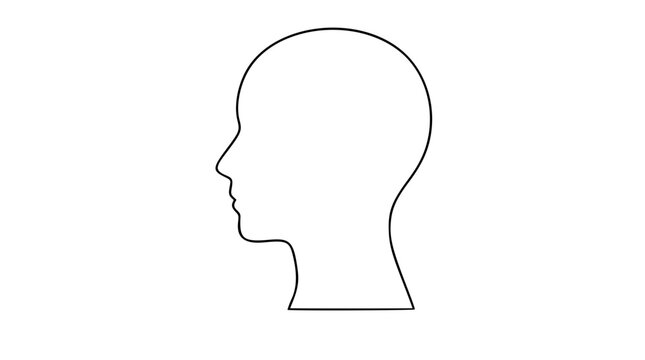Minimalist human head profile silhouette vector icon, simple black line art illustration of a side view face, clean design element for psychology, mental health, education, or medical concepts,