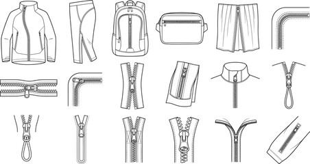 Technical Apparel Components Collection with Zippers Bags Garment Details and Fashion CAD Line Drawings © Mobashshira