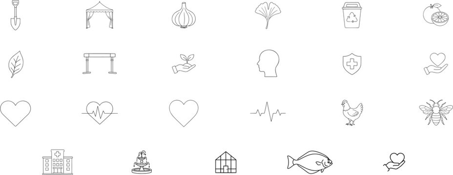 Comprehensive Bundle of 23 Hand-Traced Minimalist Vector Icons Featuring Nature, Healthcare, Food, and Lifestyle Elements in a Clean Black and White Outline Style for Professional Graphic Design