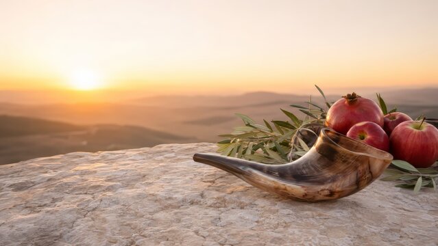 Rosh Hashanah shofar with apples and pomegranate at golden sunrise overlooking landscape