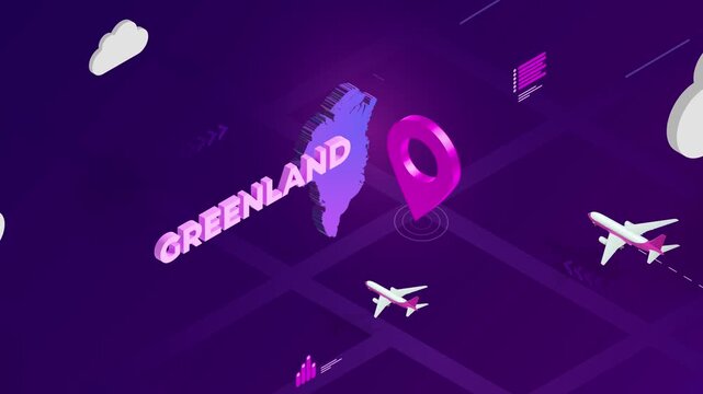 Isometric Design, Greenland Map Silhouette Location Pin and Airplanes on Purple Animation, Travel Background